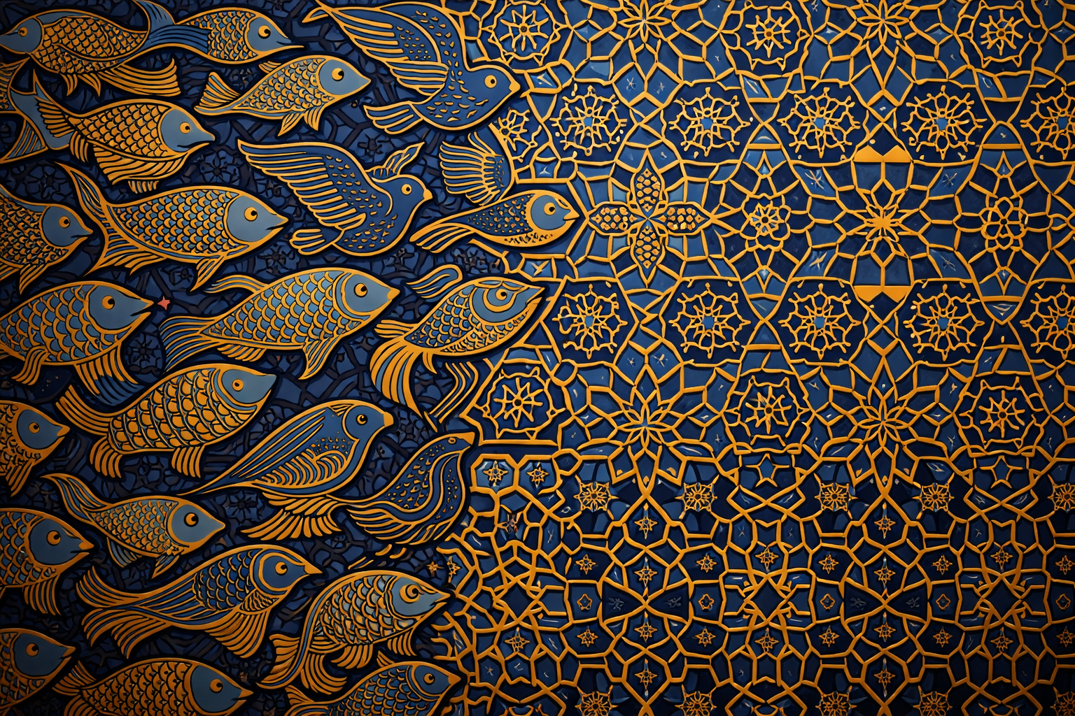 Islamic tessellation art with interlocking fish and bird shapes transitioning into geometric star patterns, inspired by Escher Islamic geometry -- modern interpretation medieval art blue and gold HD wallpaper